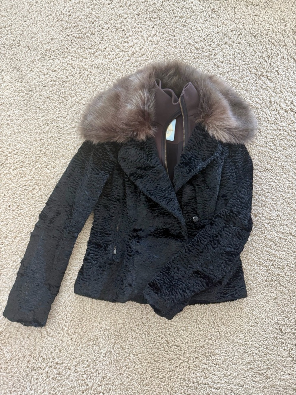 Tracy Reese Black Teddy Jacket with Brown Faux-Fur Collar